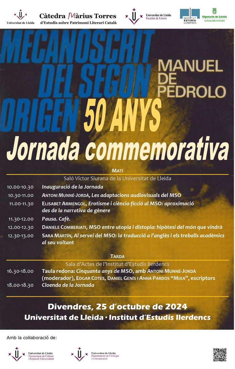 INSTITUT D'ESTUDIS ILERDENCS (@ieilleida) on Twitter photo Ja ha arribat el dia!
Avui celebrem els 50 anys del Mecanoscrit de Pedrolo.
🗣️Amb ponències d'Antoni Munné-Jordà, @e_armengol, Daniele Comberiati i <a href="/saramartinng/">𝙨𝙖𝙧𝙞𝙩𝙖💖</a>, a la <a href="/UdL_info/">Universitat de Lleida (UdL)</a>.
✍️Taula rodona amb els escriptors Anna Pardos <a href="/Mixa_QL/">Mixa</a>, <a href="/Edgar_Cotes/">Edgar Cotes i Argelich</a> i <a href="/danielgenis/">Daniel Genís Mas</a>, a l'IEI. Ja ha arribat el dia!
Avui celebrem els 50 anys del Mecanoscrit de Pedrolo.
🗣️Amb ponències d'Antoni Munné-Jordà, @e_armengol, Daniele Comberiati i <a href="/saramartinng/">𝙨𝙖𝙧𝙞𝙩𝙖💖</a>, a la <a href="/UdL_info/">Universitat de Lleida (UdL)</a>.
✍️Taula rodona amb els escriptors Anna Pardos <a href="/Mixa_QL/">Mixa</a>, <a href="/Edgar_Cotes/">Edgar Cotes i Argelich</a> i <a href="/danielgenis/">Daniel Genís Mas</a>, a l'IEI.