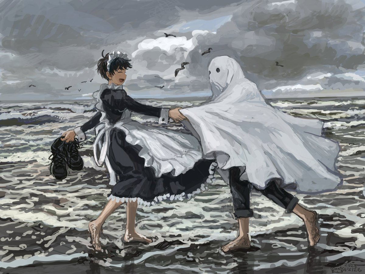 manuhamu's tweet image. メイド服と海とおばけ