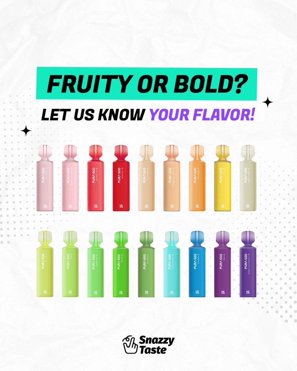 SnazzyTaste's tweet image. Which Snazzy Taste flavor matches your vibe? 🔥😎

Fruity and fresh, or bold and sweet—what’s your style?

Drop your favorite flavor in the comments and let us know which one suits you best! 

We’re excited to hear from you! 📝💬

#puffperfect #fruityvape #vapedaily