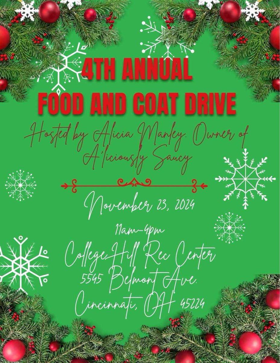 AliciousFaithe's tweet photo. We growing! 23 spots left. Don't miss out. Small Business Saturday Food and Coat Drive. Only accepting 2 of the same type of vendor. Fees $50. Call me, text me, DM me. #SmallBusinessSaturday #supportlocal #Cincinnati #vendorevent  #aliciouslysaucy @WLWT @FOX19 @WCPO @Local12 https://t.co/PxyOw6aYym