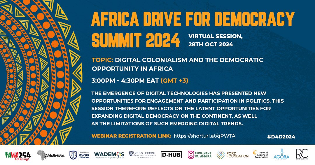 Its that time of the week where #AfricaDriveForDemocracy announces another webinar session.
Date: 28 October 2024, 3pm to 4:30pm EAT
Session: Digital Colonialism and the Democratic Opportunity in Africa
Registration Link: us06web.zoom.us/webinar/regist…

#africadrivefordemocracy
#D4D2024