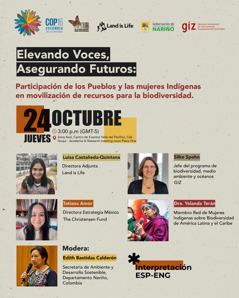 Land is Life en la #COP16 🌻
🚨HOY en zona azul
Elevando voces, asegurando futuros: Participación de los Pueblos y las mujeres Indígenas en movilización de recursos para la biodiversidad.
📅 24 de octubre, 3:00 P.M 
📍Salón Nuquí - Salón Academia e Investigación Plaza Uno.
