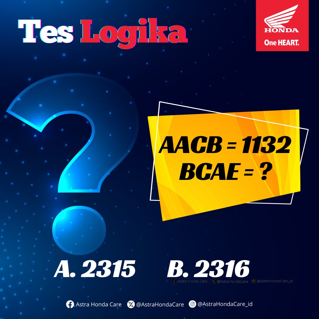 AstraHondaCare's tweet photo. Waktunya Giveaway!

Giveaway Kamis hari ini MiGan mau kasih tes logika ya. Simak baik-baik pertanyaan dari MiGan dan cuz jawab di kolom komentar 😊

Dapetin pulsa 50K untuk BroSis yang beruntung 🙂

- Jawab pertanyaan dari mimin dikolom komentar
- LIKE dan RETWEET postingan giveaway ini ya BroSis
- Wajib Like & Follow Fanpage Facebook Astra Honda Care
- Tag 3 orang teman kamu buat ikutan
- Sertakan hashtag #AstraHondaCare #SalamSatuHATI #GiveawayAHC