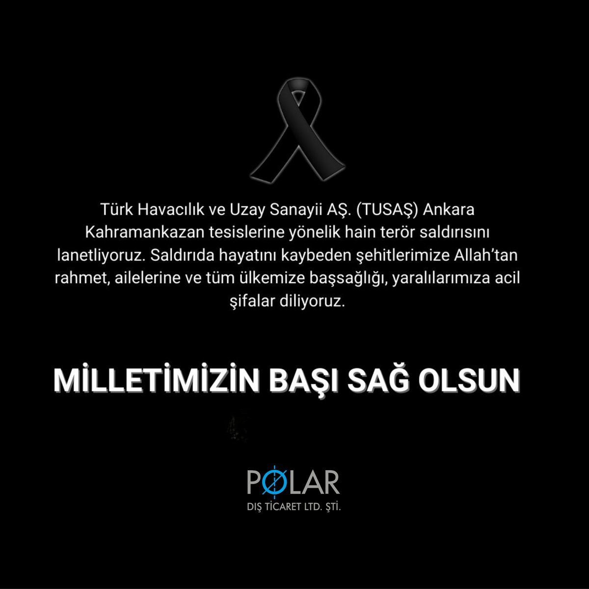 PolarLimited's tweet photo. Başımız sağ olsun.

Türk Havacılık ve Uzay Sanayii AŞ. (TUSAŞ) Ankara Kahramankazan Tesislerine gerçekleştirilen terör saldırısında şehit olan vatandaşlarımıza Allah’tan rahmet; yaralılarımıza acil şifalar dileriz.

#TUSAS https://t.co/BMbm1rqYvO
