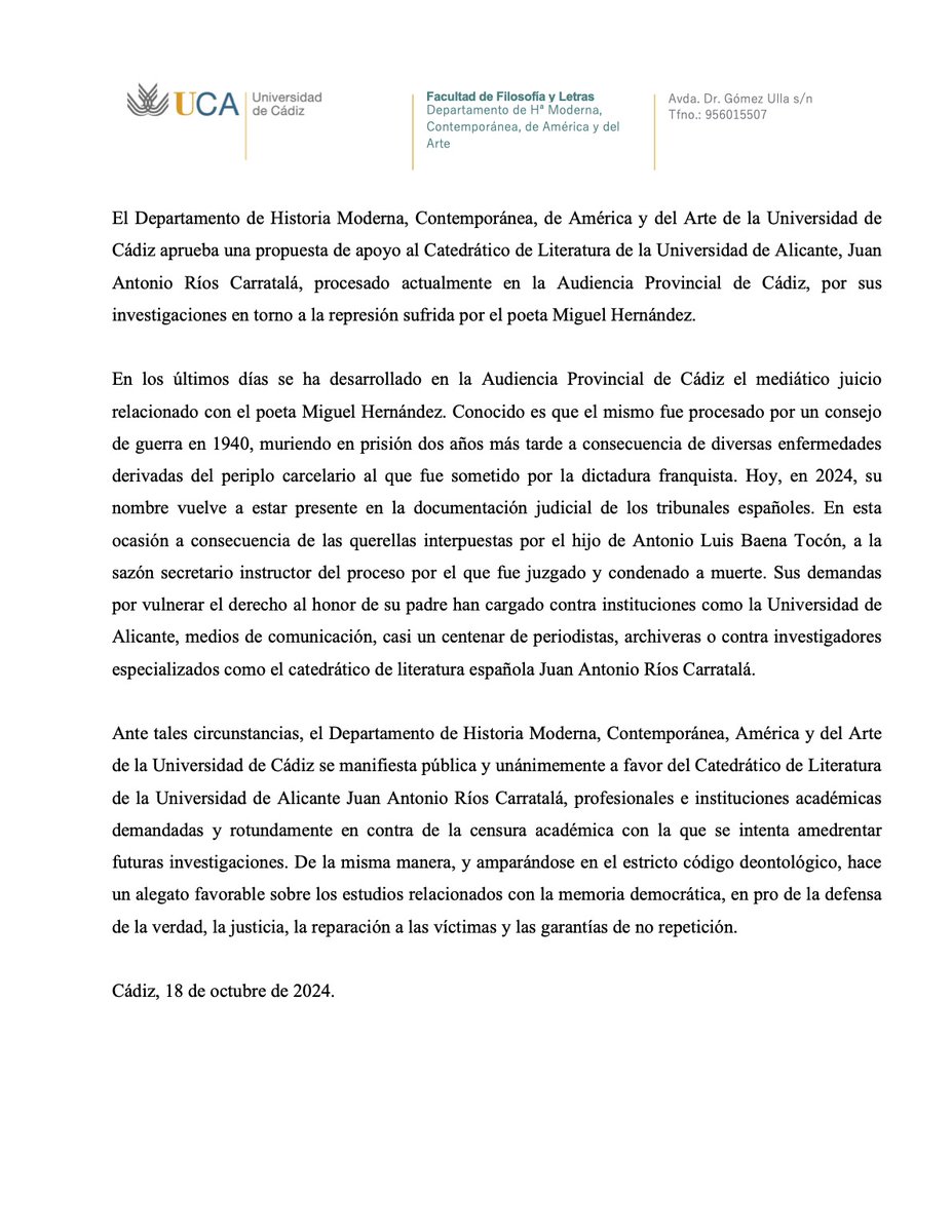 Asociación de Historia Contemporánea (@ahistcon) on Twitter photo Desde nuestra asociación apoyamos y difundimos el comunicado de la <a href="/univcadiz/">Universidad de Cádiz</a> en apoyo al catedrático de la <a href="/UA_Universidad/">Universidad de Alicante UA</a> Juan Antonio Ríos Carratalá, procesado en la Audiencia Provincial de Cádiz, por sus investigaciones sobre la represión sufrida por Miguel Hernández. Desde nuestra asociación apoyamos y difundimos el comunicado de la <a href="/univcadiz/">Universidad de Cádiz</a> en apoyo al catedrático de la <a href="/UA_Universidad/">Universidad de Alicante UA</a> Juan Antonio Ríos Carratalá, procesado en la Audiencia Provincial de Cádiz, por sus investigaciones sobre la represión sufrida por Miguel Hernández.