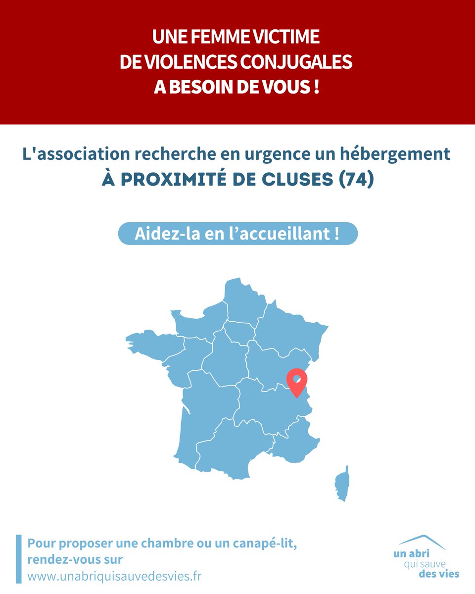 ⚠️ URGENCE #VIOLENCESCONJUGALES ⚠️

Un abri qui sauve des vies recherche un lieu sûr pour héberger en urgence une femme e à proximité de #Cluses (74)

Pour l’aider, vous pouvez les accueillir.

La durée est déterminée selon vos disponibilités.

Merci de partager 🙏