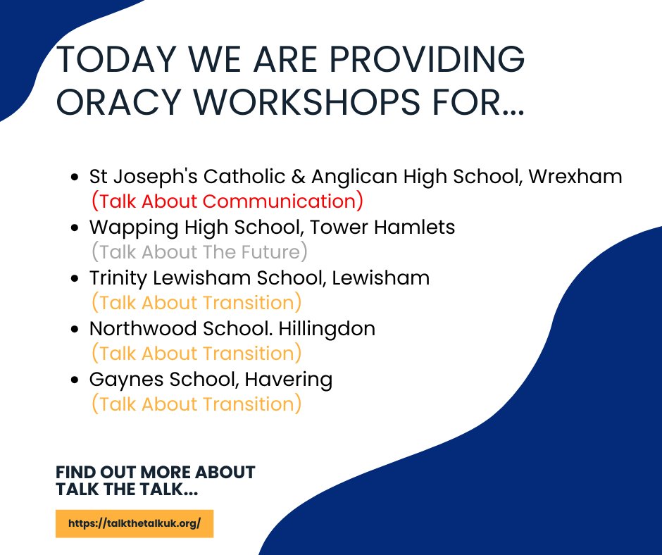 talkthetalkUK's tweet photo. Our workshops today!
@SJ_WXM
@WappingHigh, @news4trinity, @NorthwoodSCH, @JPFoundation
#oracy #oracyworkshop #communicationskills #employability #talkthetalkuk #talkthetalk https://t.co/bX8vtV4316