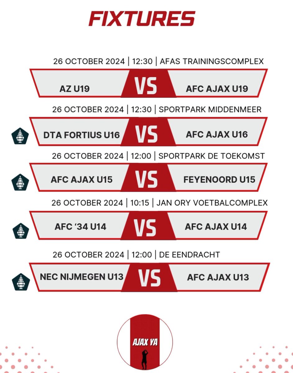The upcoming fixtures for this Saturday. 🔜

#AjaxYouth #Ajax