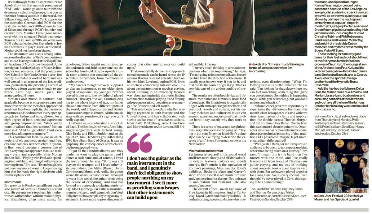 Philip Watson (@mrphilipwatson) on Twitter photo A profile for <a href="/IrishTimesCultr/">Irish Times Culture</a> of the “meditative and luminous” Danish guitarist Jakob Bro, who plays in a trio with double bassist Thomas Morgan <a href="/znusgy/">Thomas Morgan</a> and drummer Joey Baron <a href="/TriskelCork/">Triskel Arts Centre</a> on Sunday as part of <a href="/corkjazzfest/">Guinness Cork Jazz</a>. Link (“subscriber only”)... irishtimes.com/culture/music/… A profile for <a href="/IrishTimesCultr/">Irish Times Culture</a> of the “meditative and luminous” Danish guitarist Jakob Bro, who plays in a trio with double bassist Thomas Morgan <a href="/znusgy/">Thomas Morgan</a> and drummer Joey Baron <a href="/TriskelCork/">Triskel Arts Centre</a> on Sunday as part of <a href="/corkjazzfest/">Guinness Cork Jazz</a>. Link (“subscriber only”)... irishtimes.com/culture/music/…