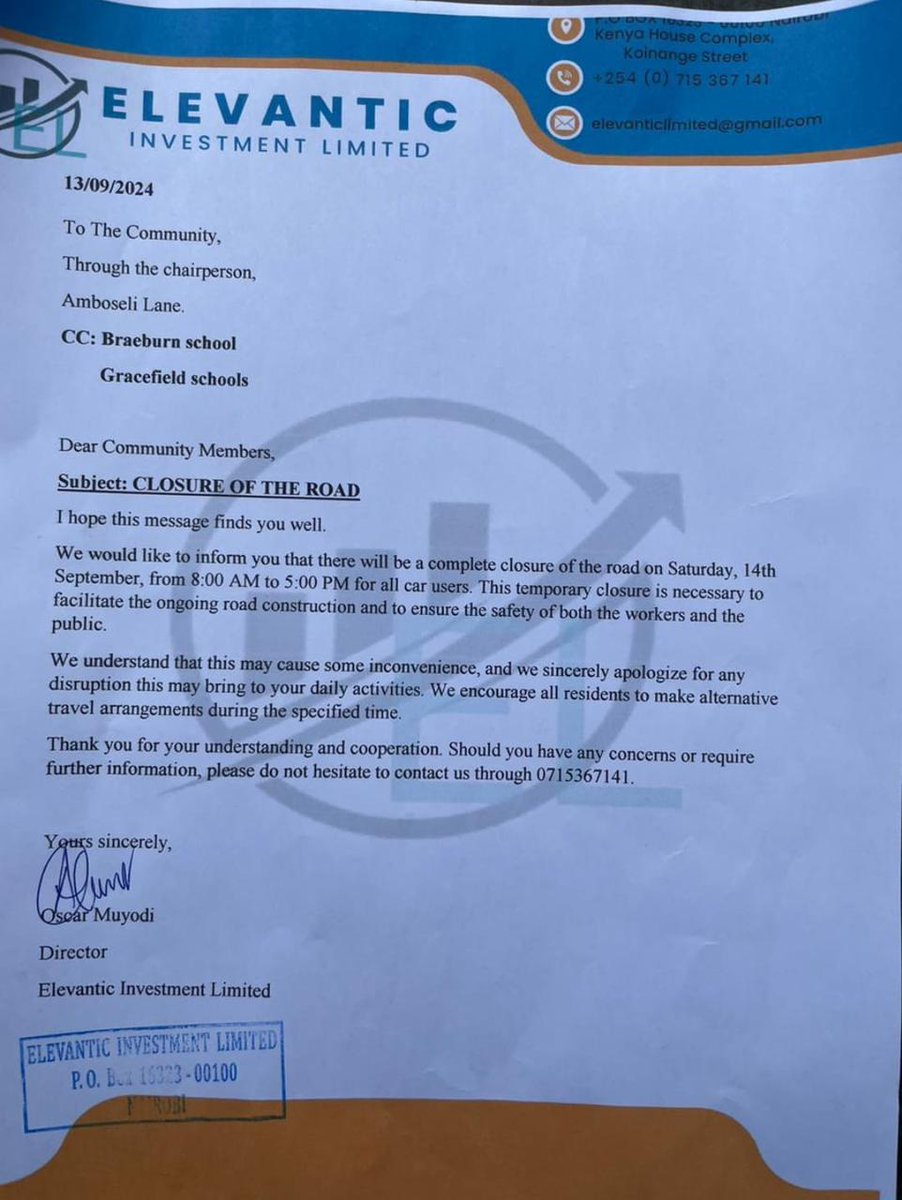 Atul_Redstar's tweet image. The temporary closure of Amboseli Lane for repairs, was actually used to restrict access EXCLUSIVELY to Braeburn Gitanga students. 

Is there any official explanation for this restriction?

Does this restriction infringe upon our constitutional right to access BGR?