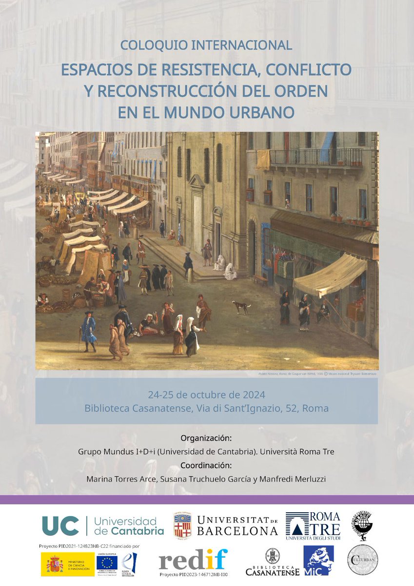 redifub's tweet photo. Bon dia! L'Anna Busquets i el Manfredi Merluzzi, membres del nostre projecte, participen al col·loqui internacional "Espacios de resistencia, conflicto y reconstrucción del orden en el mundo urbano".
Es realitzarà entre avui i demà, 24 i 25 d'octubre, a la @Casanatense de Roma. https://t.co/H1cJYWgn7j