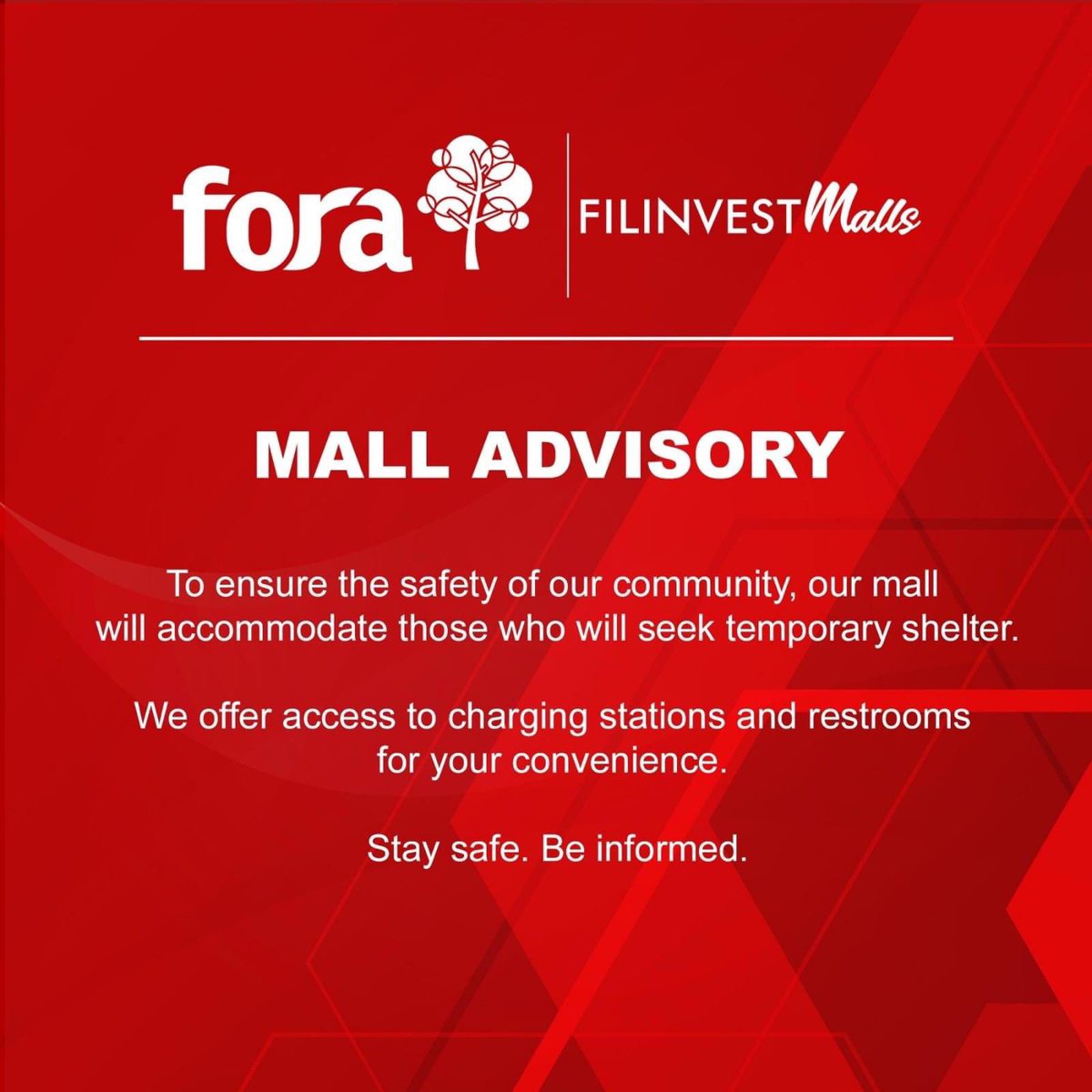 For stranded travelers, and for those seeking shelter, here are malls that are open for temporary shelter. You can also check noah.up.edu.ph for real-time hazards and floods in your area. #KristinePH

SM Naga
SM Sto. Tomas
SM Lipa
Festival Mall
Fora
Westgate