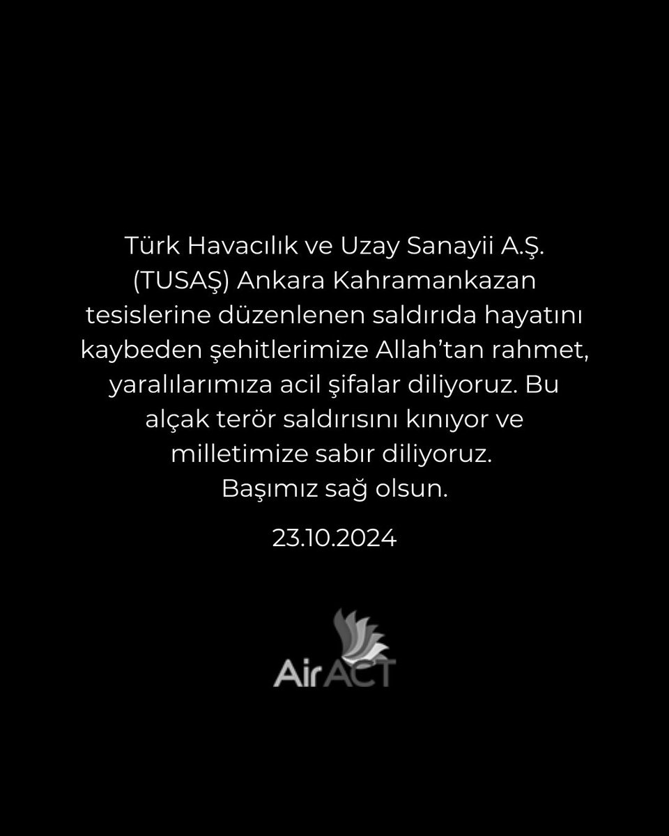 AiractC's tweet photo. Türk Havacılık ve Uzay Sanayii A.Ş. (TUSAŞ) Ankara Kahramankazan tesislerine düzenlenen saldırıda hayatını kaybeden şehitlerimize Allah’tan rahmet, yaralılarımıza acil şifalar diliyoruz. Bu alçak terör saldırısını kınıyor ve milletimize sabır diliyoruz. Başımız sağ olsun. https://t.co/TxiyH3h2ks