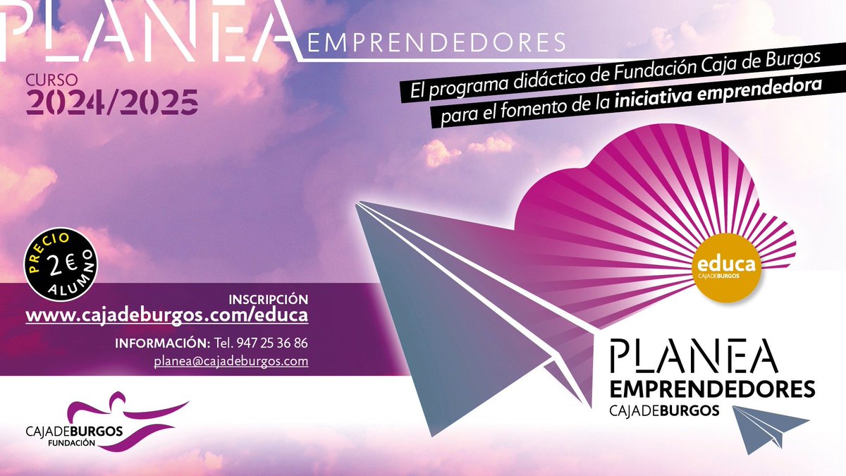 𝗣𝗟𝗔𝗡𝗘𝗔 𝗘𝗠𝗣𝗥𝗘𝗡𝗗𝗘𝗗𝗢𝗥𝗘𝗦 | En unos días arrancamos la XIII edición de #PlaneaEmprendedores, un programa escolar para el fomento del espíritu emprendedor, en el que participan más de 2.500 estudiantes de Burgos y su provincia

Inscripciones
🚀bit.ly/PLANEA_emprend…