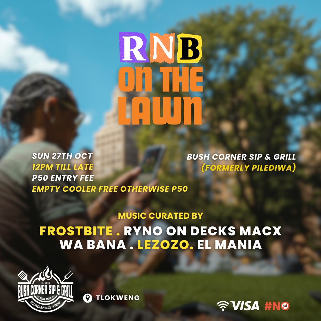 This Sunday is all about good vibes and R&amp;B! 🎶🔥 Join us at Bush Corner Sip &amp; Grill (formerly Pilediwa)Music by <a href="/FrostbiteBW/">Uncle Frost</a>, <a href="/RynoOnDecks/">🦏🦏</a>,<a href="/MacxWaBana/">Banunu</a>, <a href="/LezozoOnAir/">Kedi Molosiwa</a> &amp; El Mania. 

Bring an empty cooler for FREE entry! RSVP now 👉 docs.google.com/forms/d/e/1FAI…

#RNBToThePeople