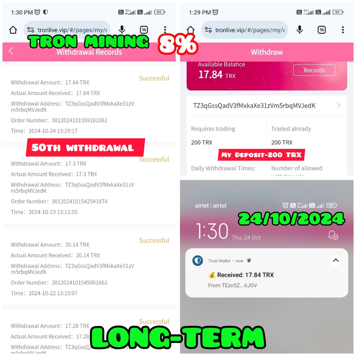 Tronmining01's tweet photo. https://t.co/UfHbJ6zlM0

50th withdrawal 17.84 TRX successfully received on 24/10/2024.
https://t.co/2MD2mryDfV https://t.co/kbWr9G2CpL