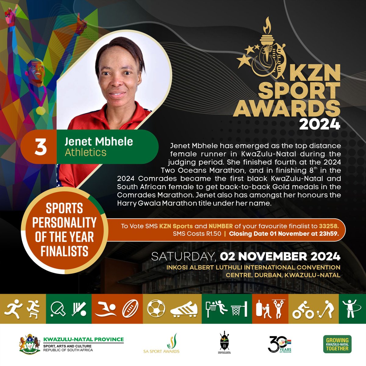 The times has come to vote for your favourite sport personality. To vote for Janet Mbhele the gold medalist sms 3 to 33258 for a chance to win the #KZNSportAwards sports personality of the year. #ezemidlalo#30yearsofsportingExcellence