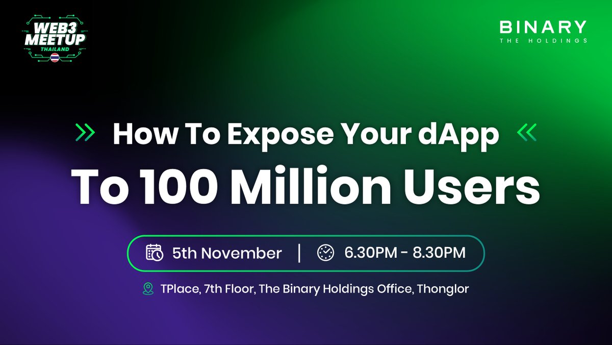 thebinaryhldgs's tweet image. Get a sneak peek into The Binary Network—a Web3 Distribution Network that&apos;s changing the way dApps connect with potential users. Nov 5th is almost here! 

🚨 Did we mention there&apos;s FREE pizza &amp;amp; beer too? 🍕

🍺 Register here: meetup.com/web3meetupth/e…