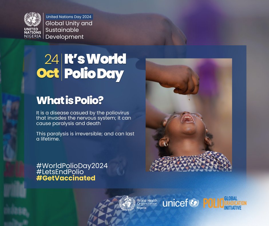 WHONigeria's tweet photo. It's #WorldPolioDay!
#WorldPolioDay finds us at a pivotal moment in our mission to eradicate all forms polio in Nigeria. We are now closer than ever, but much work remains.
#LetsEndPolio
#TheRoadtoZeroPolioinAfrica
#GetVaccinated
#VaccinesWork https://t.co/joG3GhtUqG
