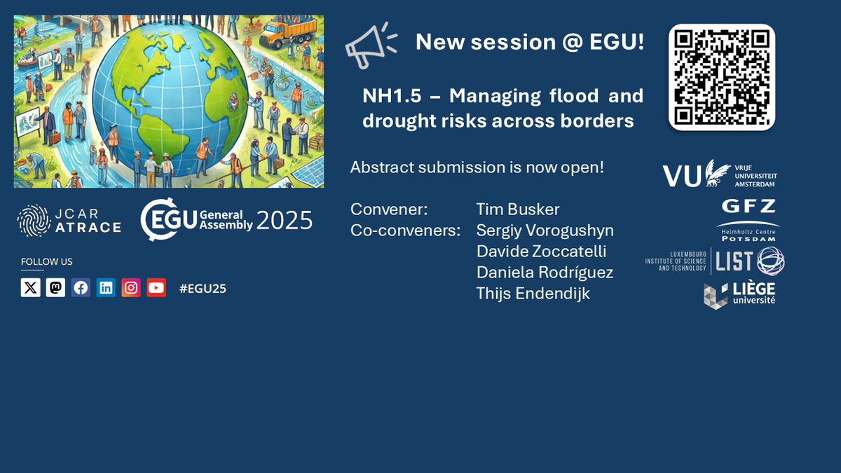 We are pleased to be organizing a new session at #EGU25📢❗️: NH1.5 Managing flood and drought risks across borders.

Join us to deepen our understanding of flood and drought management in transboundary contexts. 

link: meetingorganizer.copernicus.org/EGU25/session/…