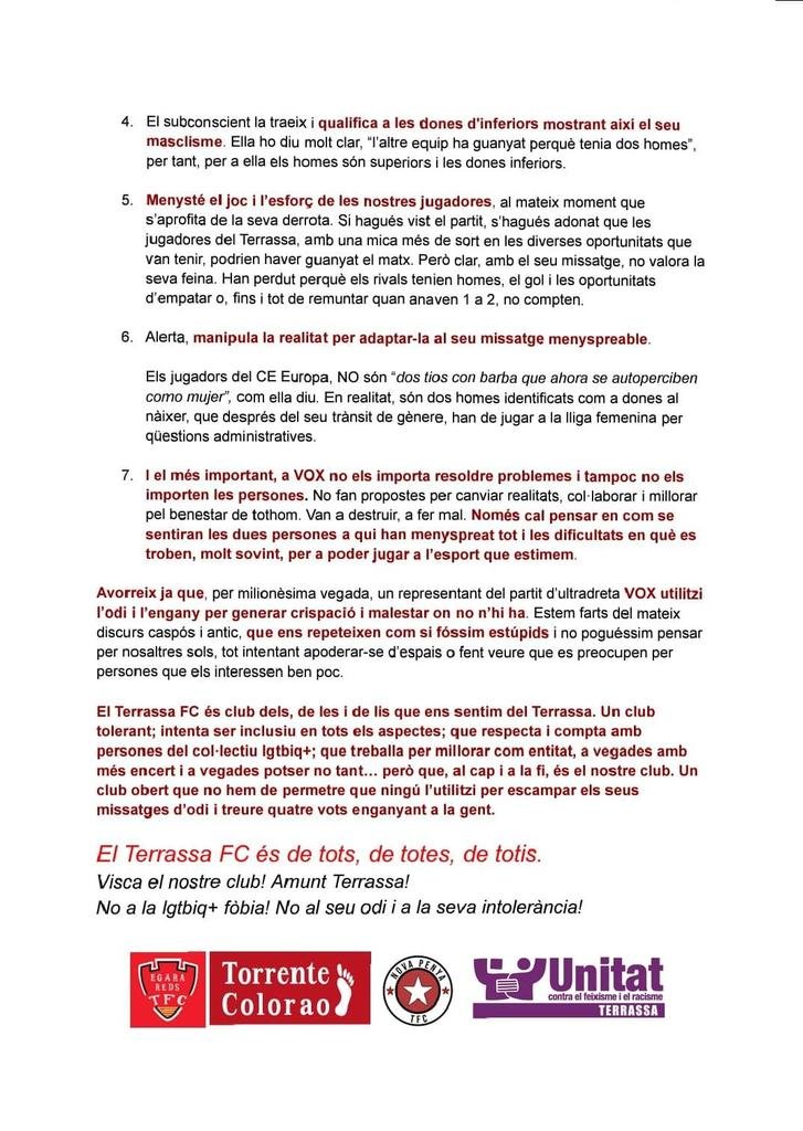 Donem suport a les penyes del <a href="/TerrassaFC/">Terrassa FC</a> @novapenyatfc, <a href="/TorrenteColorao/">Torrente Colorao</a> i <a href="/EgaraRedsTFC/">EgaraReds</a>  i signem conjuntament el comunicat denunciant el discurs d'odi i la transfòbia de la regidora de VOX a Terrassa, Alicia Tomás. En defensa dels drets i llibertars, contra l'extrema dreta!