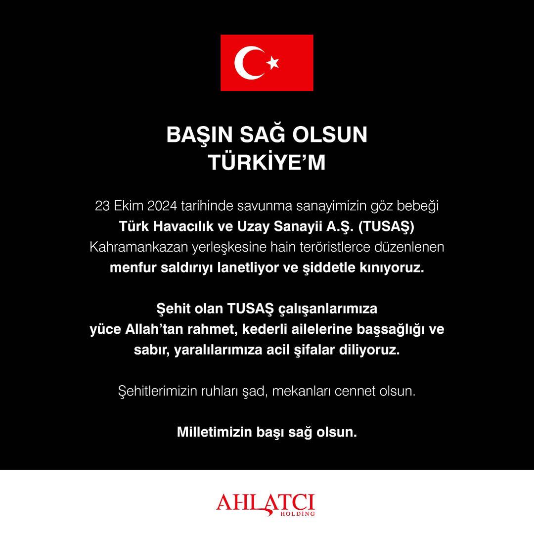 Türk Havacılık ve Uzay Sanayii (TUSAŞ) A.Ş.’ye yönelik yapılan terör saldırısını lanetliyoruz.

Bu menfur saldırıda hayatını kaybeden şehitlerimize Allah’tan rahmet, yaralılarımıza ise acil şifalar diliyoruz.