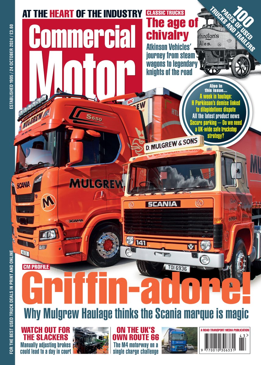 Comm_Motor's tweet photo. OUT NOW: Commercial Motor 24 October 2024
โบ Griffin-adore! Why Mulgrew Haulage thinks the Scania marque is magic
โบ The age of chivalry โ Atkinson Vehiclesโ journey from steam wagons to legendary knights of the road
โบ To subscribe ๐ https://t.co/bGuyjF7aw3 https://t.co/f6L7K3l2Rx