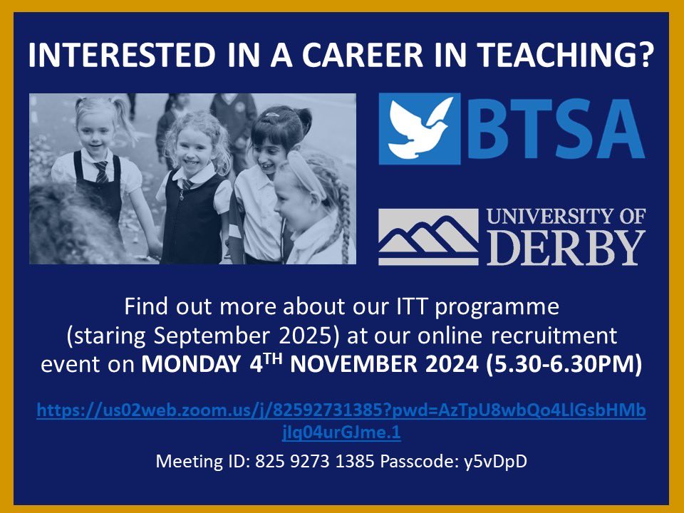 BTSA (@thebtsahub) on Twitter photo Interested in a career in teaching? Find out more about our ITT programme with <a href="/DerbyUni/">University of Derby</a> at our online recruitment event on Monday 4th November 🕊️ #itt #releasingpotential Interested in a career in teaching? Find out more about our ITT programme with <a href="/DerbyUni/">University of Derby</a> at our online recruitment event on Monday 4th November 🕊️ #itt #releasingpotential