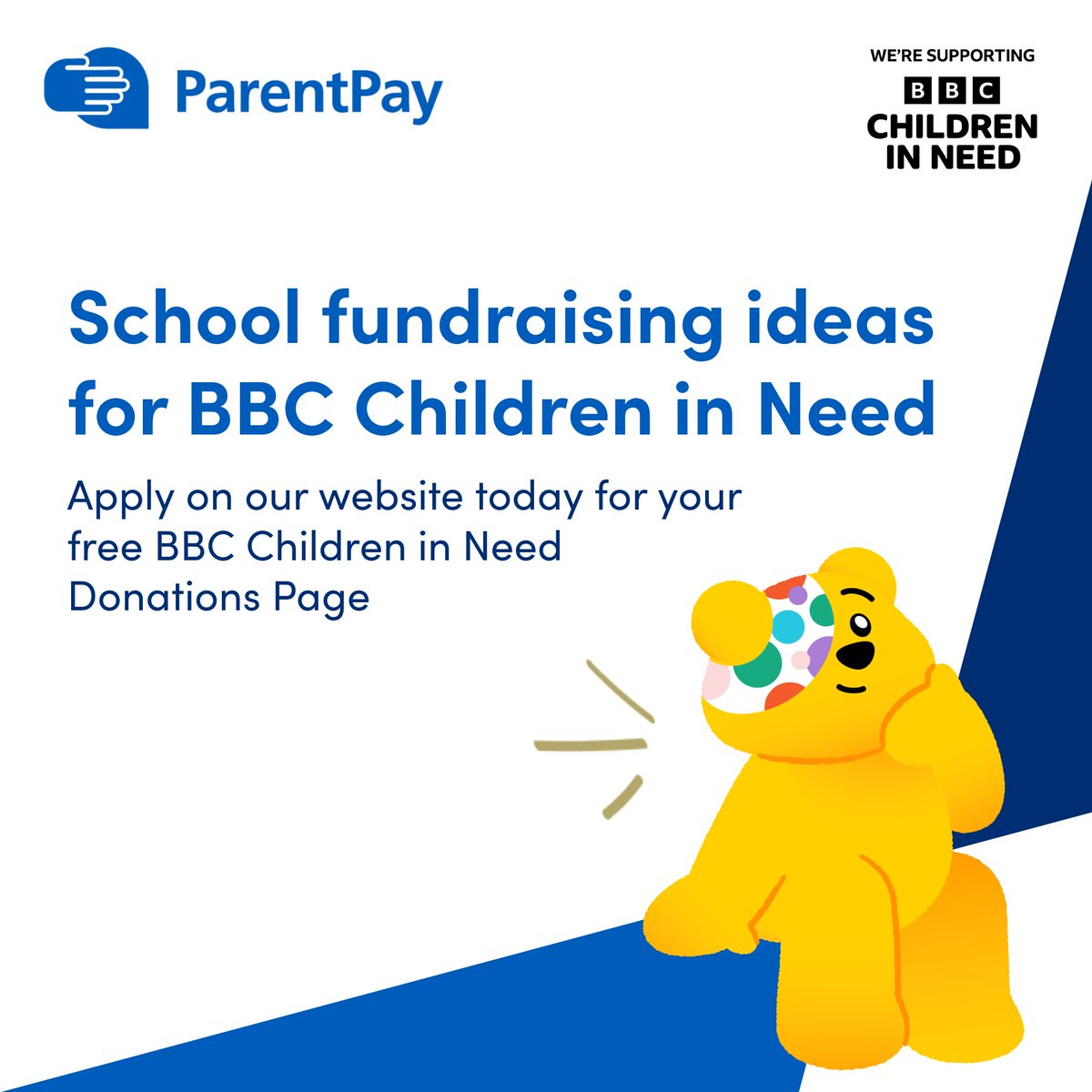 ParentPay (@parentpay) on Twitter photo What will you be doing to raise money for <a href="/BBCCiN/">BBC Children in Need</a> this year?
Here are a few fun ideas to help get your school fundraising:
๐จ Art Auction
๐ฒ Game Tournament
๐ Dress Down Day
๐ฐ Bake Sale
Apply now for your free Donations Page to get started ๐ okt.to/ygmSLi What will you be doing to raise money for <a href="/BBCCiN/">BBC Children in Need</a> this year?
Here are a few fun ideas to help get your school fundraising:
๐จ Art Auction
๐ฒ Game Tournament
๐ Dress Down Day
๐ฐ Bake Sale
Apply now for your free Donations Page to get started ๐ okt.to/ygmSLi