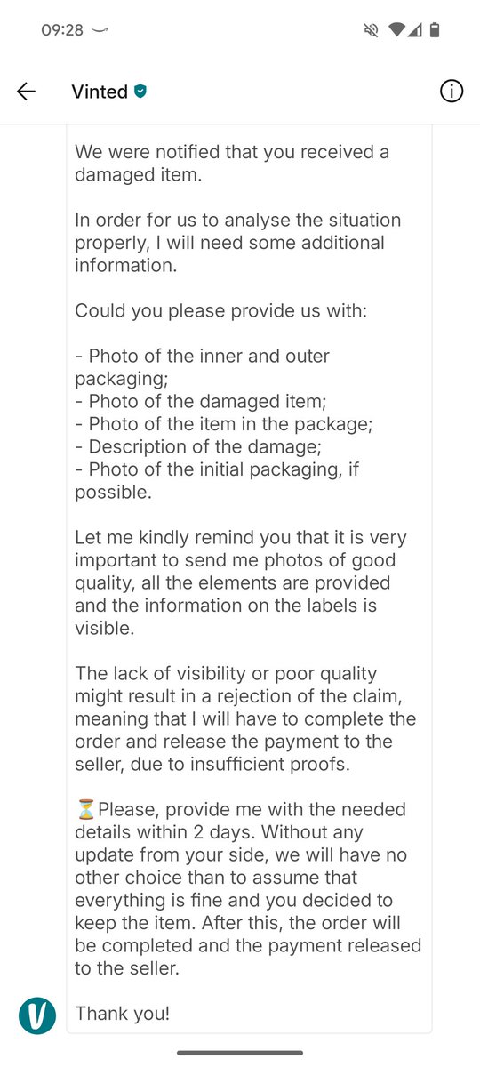 denyer007's tweet photo. @vintedUK 

How do I send photos? Firstly there is no email included to send to nor the option to reply to this message. Secondly my parcel arrived empty - packaging was damaged (open) and no contents... Please help! https://t.co/NfY2WXOUbB