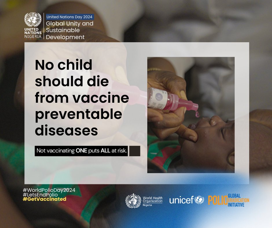 WHONigeria's tweet photo. No child should die from vaccine preventable diseases. Not vaccinating ONE puts ALL at risk.
#WorldPolioDay2024
#LetsEndPolio
#GetVaccinated https://t.co/m8rQoJxMYu