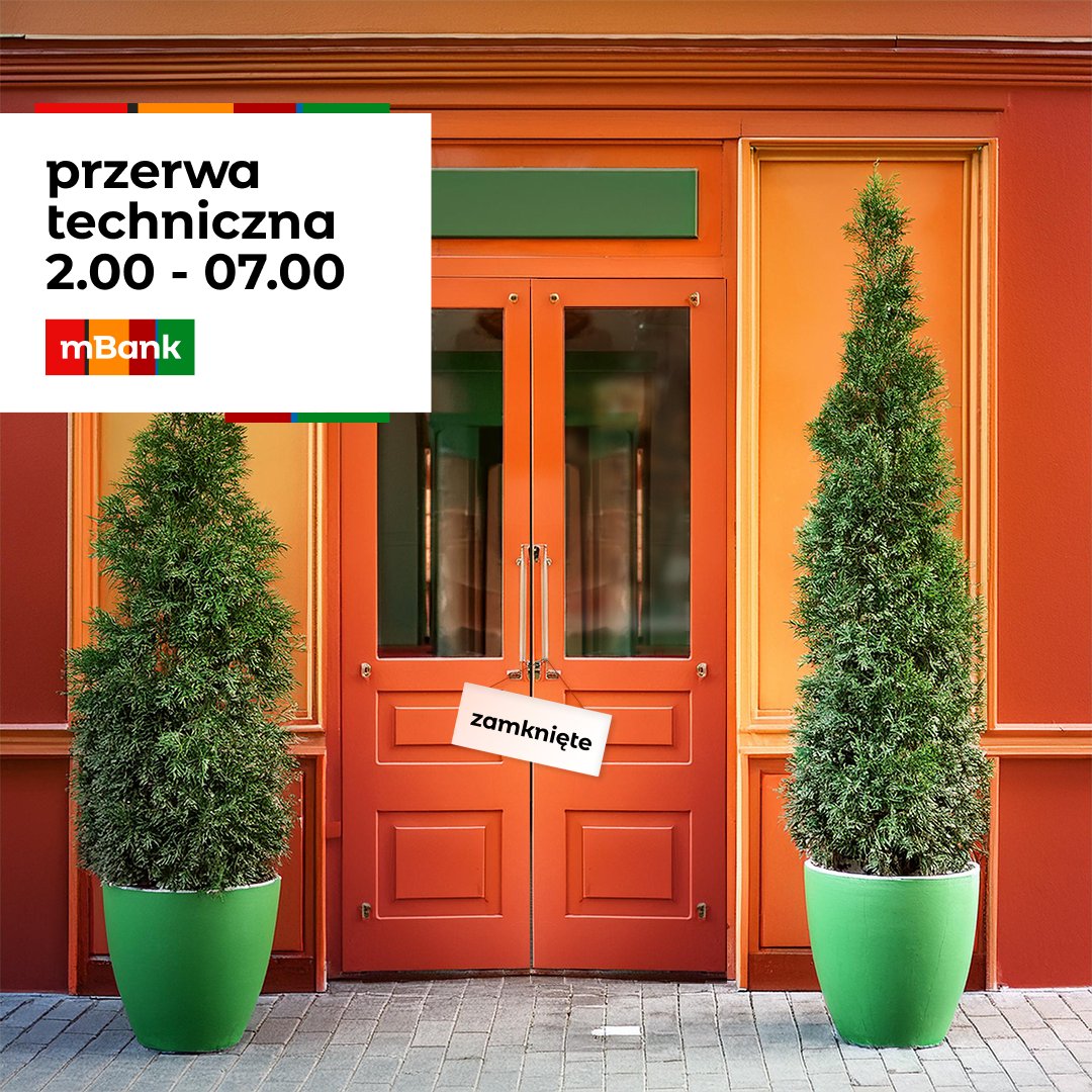 mBankpl's tweet image. W nocy z 26 na 27 października planujemy prace techniczne. Sprawdź, jakie usługi nie będą dostępne między 2.00 a 7.00➡️ mbank.pl/informacje-dla…
W czasie przerwy karty będą działać stacjonarnie i w bankomatach.
Dziękujemy za wyrozumiałość.