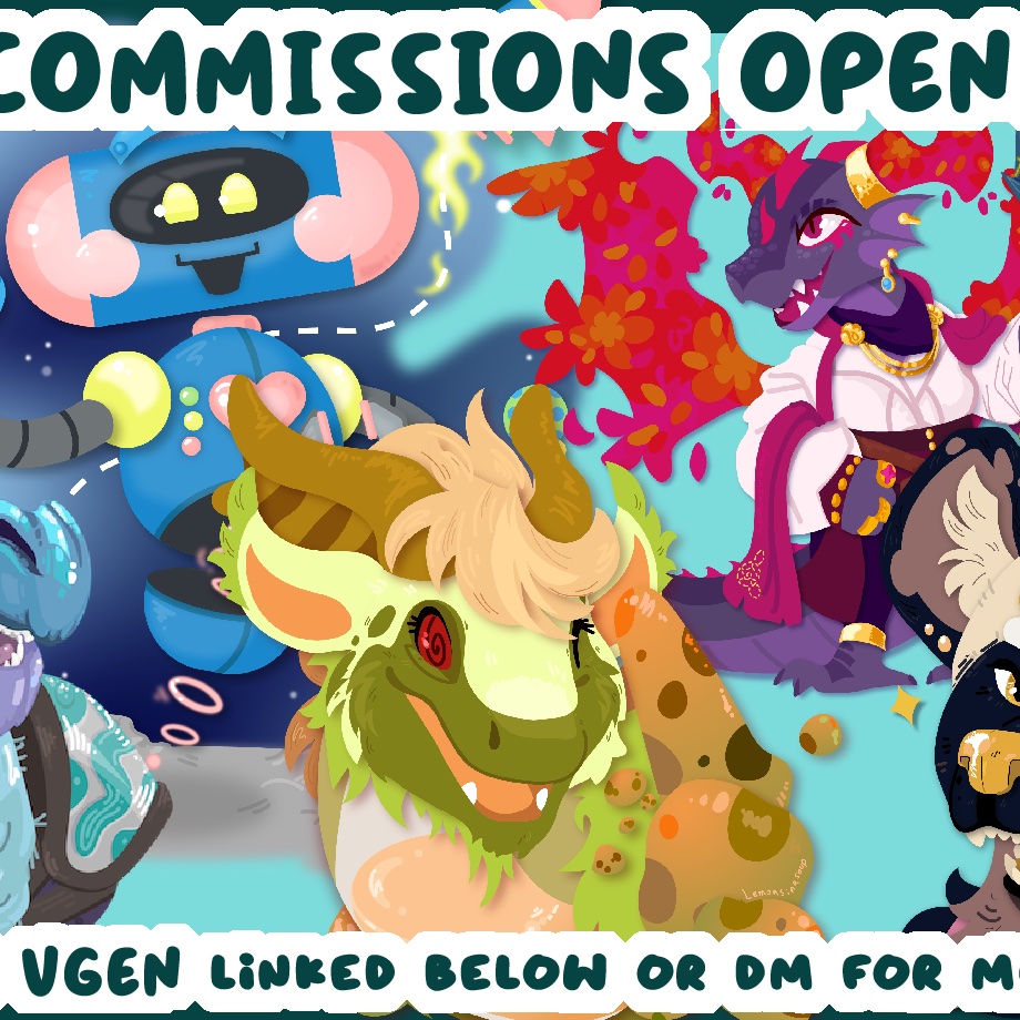 COMMISSIONS ARE OPEN! 
Starting at 40 USD, Flat rate for icons!
Get your character a  new icon for avatars, th, tabletop, whatever! Or, get a clean vector illustration with eye-catching  style!

Visit my #VGen  link here >> vgen.co/Lemonsinasoup << or DM for more information!