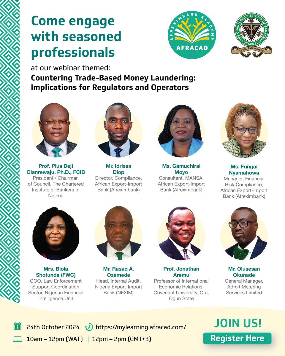 afreximbank's tweet photo. ⏰ 30 Minutes to Go! 

How can we better combat trade-based money laundering? 

Join us, #AFRACAD, @cibnigeria in less than 30 minutes for a deep dive into 
"Countering Trade-Based Money Laundering: Implications for Regulators and Operators." Gain insights into cutting-edge strategies, technology, and cooperation that drive effective solutions.

🗓 Today, 24th October 2024
⏰ 12:00 PM (Cairo Time) 
🔗 https://t.co/L7qUQ7yP39

Don't miss out on this crucial conversation! 🌍💼

#CTBML #Afreximbank #Webinar #MoneyLaundering #TradeSecurity #FinancialIntegrity