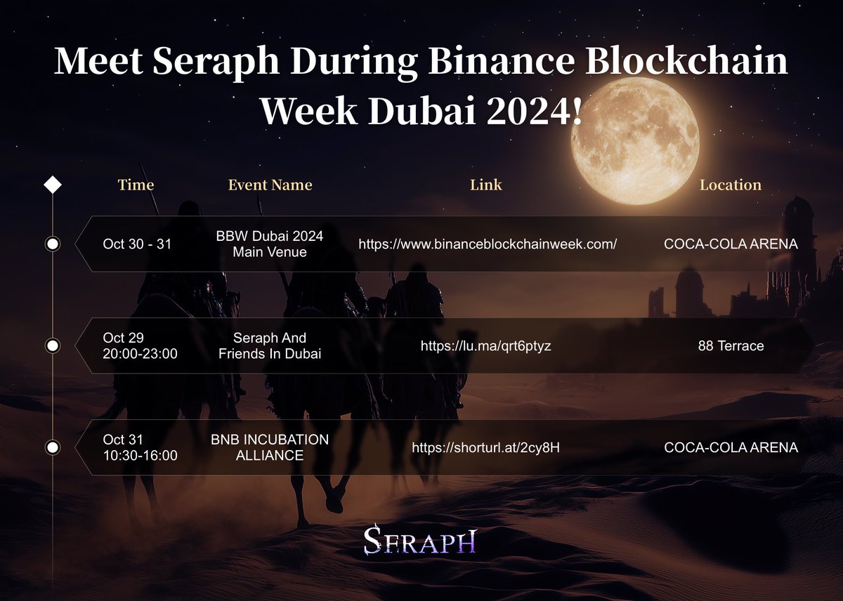 Seraph’s Event Schedule in Dubai is here, and we can't wait to connect with all of you! 

Join us for a series of exciting events as we dive into Web3, explore new opportunities, and shape the future of blockchain gaming together. 🚀