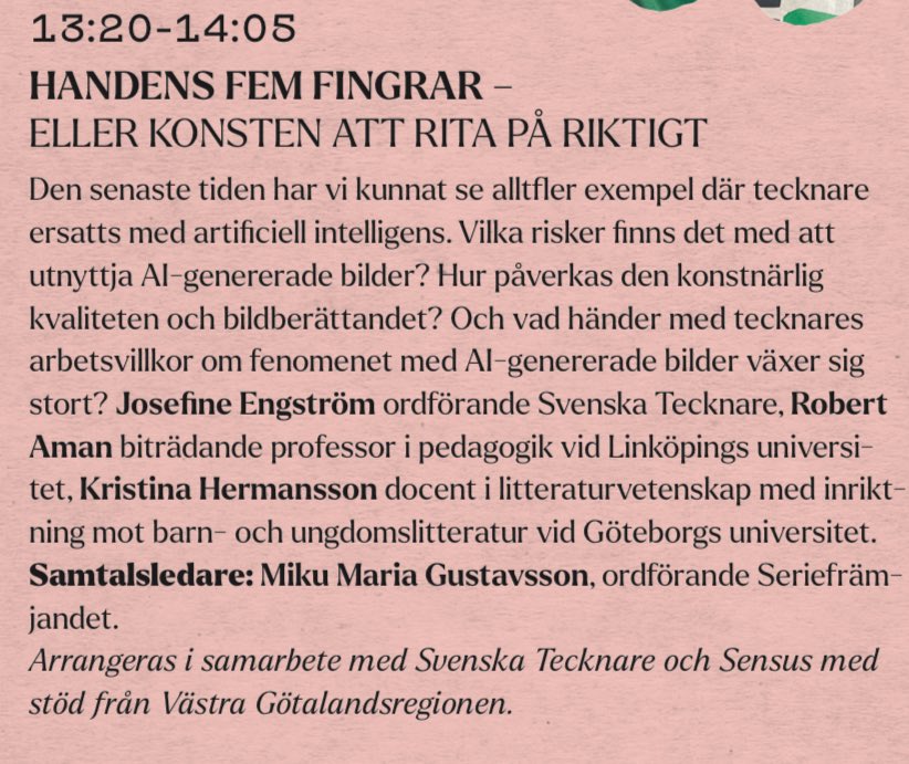Idag 13.20 medverkar jag i ett panelsamtal om tecknade serier och AI. Samtalet äger rum på Göteborgs litteraturhus, om någon intresserad är i krokarna.