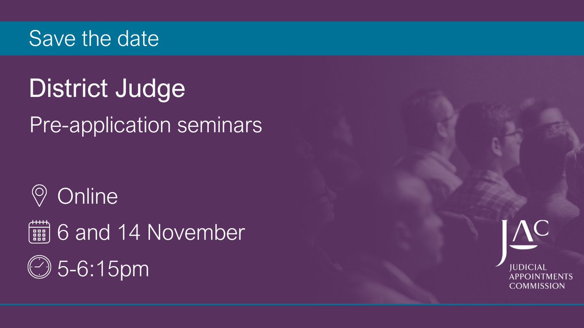 📢 SAVE THE DATE
⚖ District Judge pre-application seminars
📍 Online
📅 Wednesday 6 and Thursday 14 November
🕔 5-6:15pm

Details and register 👇
6 November judicialcareers.judiciary.uk/civicrm/event/…
14 November judicialcareers.judiciary.uk/civicrm/event/…