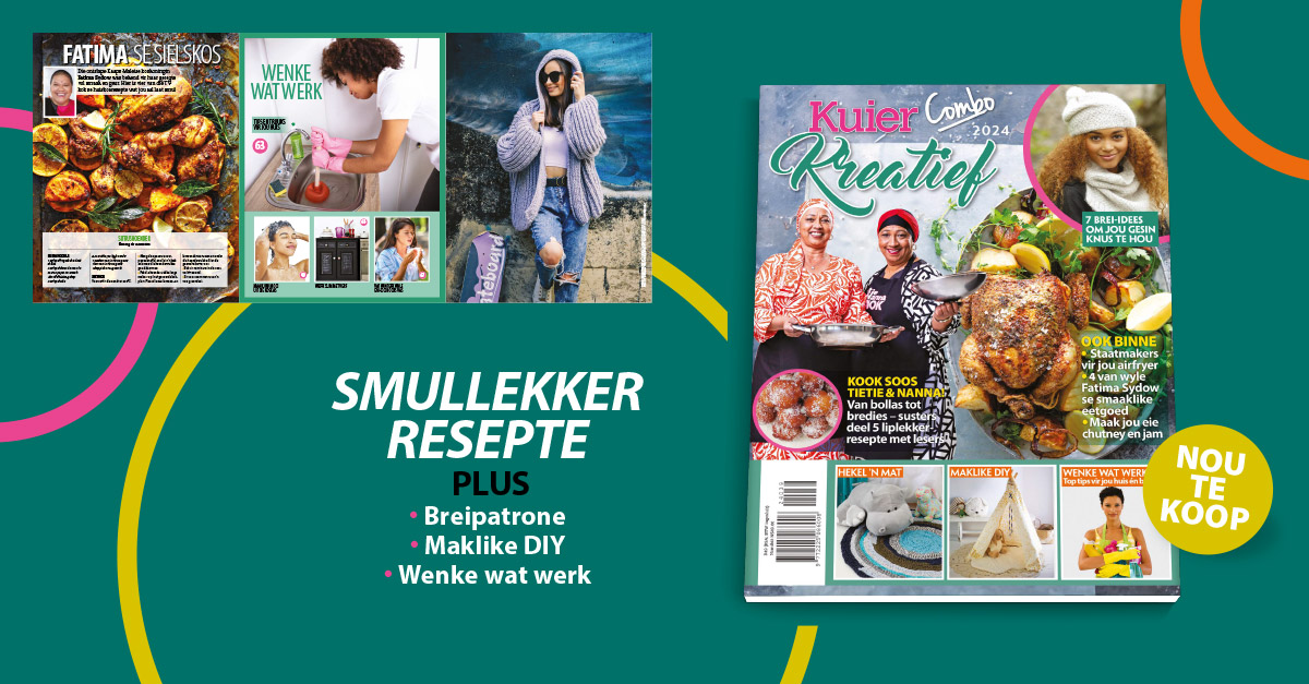 Van watertand-konfyt- en chutneyresepte tot wyle Fatima Sydow se sielskos en verruklike resepte om jou te help kook soos Tietie en Nanna. 🎉 Ons nuwe KuierCombo Kreatief is propvol geur en kreatiewe idees. Kry jou kopie terwyl voorraad hou! 🍴🧶💡media24shop.com/product/kuier-…