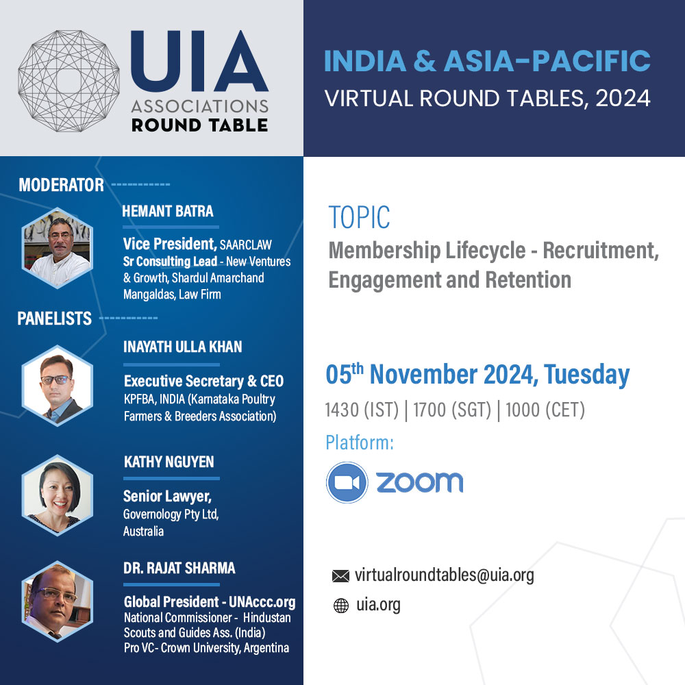 Looking to exchange about #MembershipLifecycle with top panelists from #India &amp; #AsiaPacific? Do not miss UIA last 2024 #virtual #roundtable on Recruitment, Engagement and Retention on Nov 05th. Free for #associations! Do not hesitate to register! uia.org/roundtable/202…