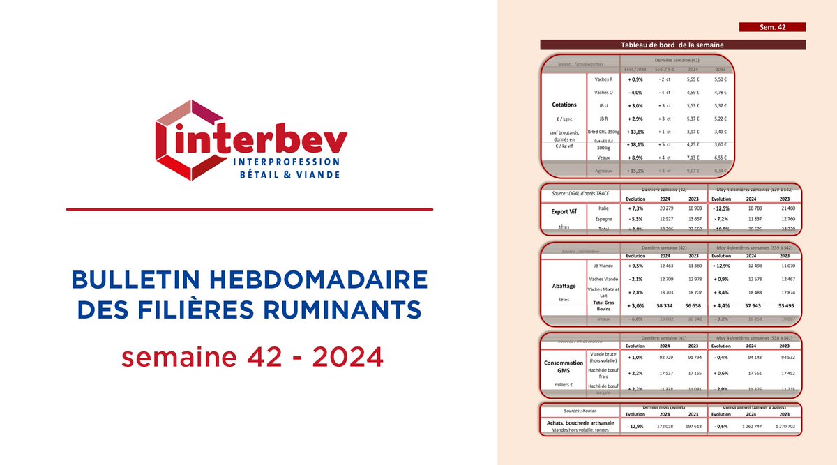 Interbev_fr's tweet photo. [Bulletin Hebdo des Filières Ruminants]
Le RDV #Économie INTERBEV : consultez les chiffres-clés de la filière #Élevage et #Viande pour la semaine 42/2024.
➡️ https://t.co/zfULoTFCVk https://t.co/Yx5DTLEPlT