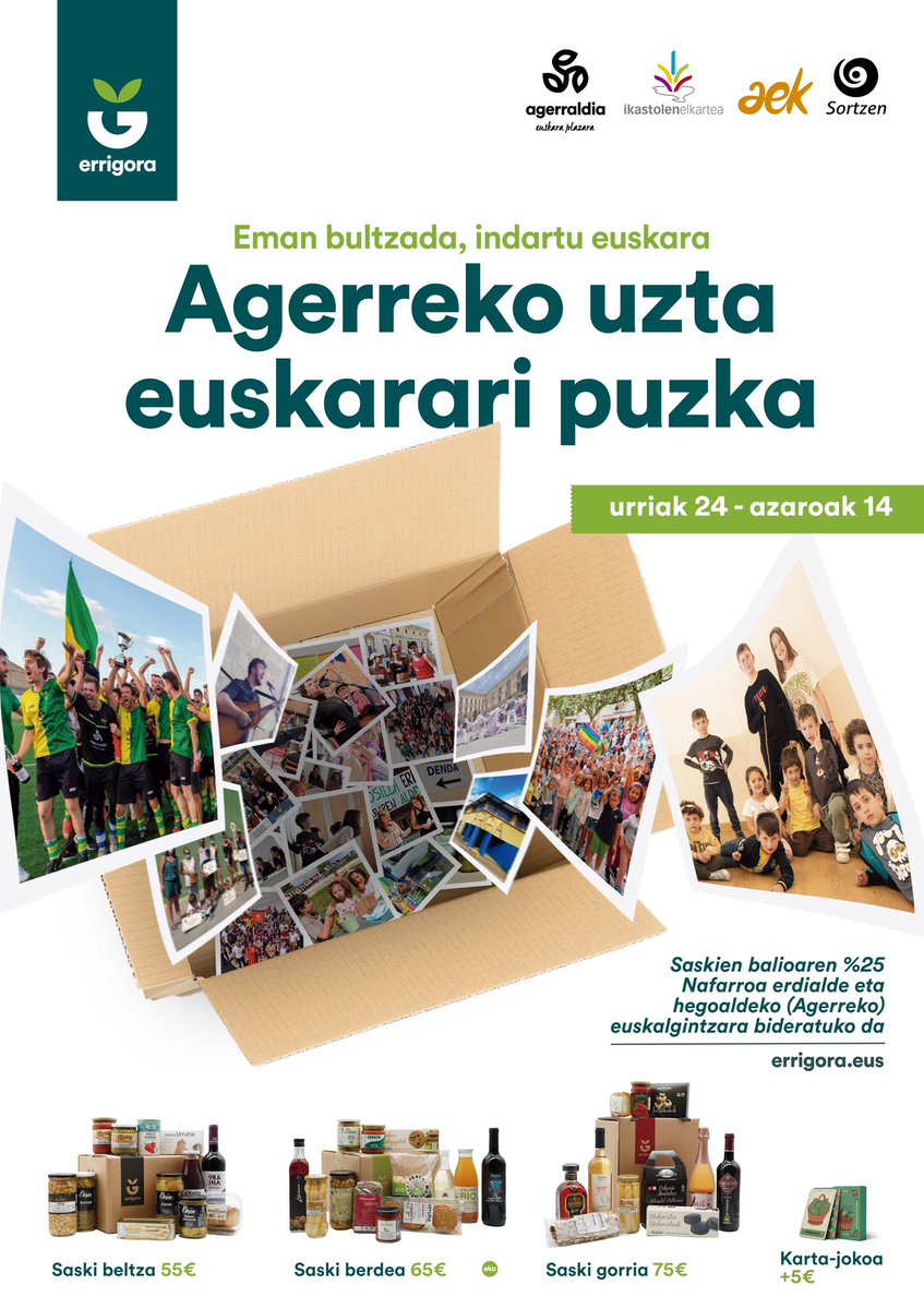 errigora's tweet photo. Hasi gaitezen elkartasuna bidaltzen! 💌 #EuskarariPuzka kanpaina martxan da!

Zoaz gure webgunera eta eskatu saski beltz, berde edo gorria! 📦

ℹ️🛒 https://t.co/7K7QFP9qB6

#AgerrekoUzta https://t.co/Kiid5a5DDG