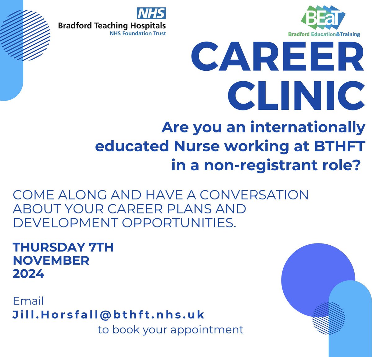 Jill Horsfall CPD (@jillhorsfallcpd) on Twitter photo Due to high demand we have planned a second Career Clinic for internationally educated nurses who are working at BTHFT in a non-registrant role.
Spaces are limited so email Jill.Horsfall<a href="/bthft/">Bradford Teaching Hospitals NHS FT</a>.nhs.uk to book
@bthft <a href="/BEaT_BTHFT/">Bradford Education & Training</a>
<a href="/bthft_CPD/">The CPD Team</a> Due to high demand we have planned a second Career Clinic for internationally educated nurses who are working at BTHFT in a non-registrant role.
Spaces are limited so email Jill.Horsfall<a href="/bthft/">Bradford Teaching Hospitals NHS FT</a>.nhs.uk to book
@bthft <a href="/BEaT_BTHFT/">Bradford Education & Training</a>
<a href="/bthft_CPD/">The CPD Team</a>
