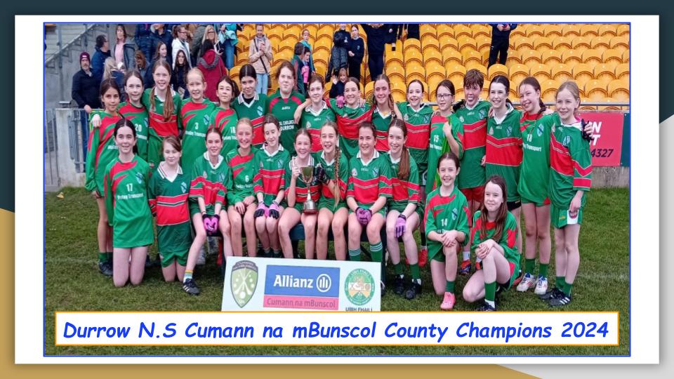 Congratulations to our Girls football team who were crowned Offaly Cumann na mBunscol County Champions 2024. They put on a tremendous display against their friends in Ballinamere. Well done to both teams for a wonderful game of friendship and skill. Darú Abú!