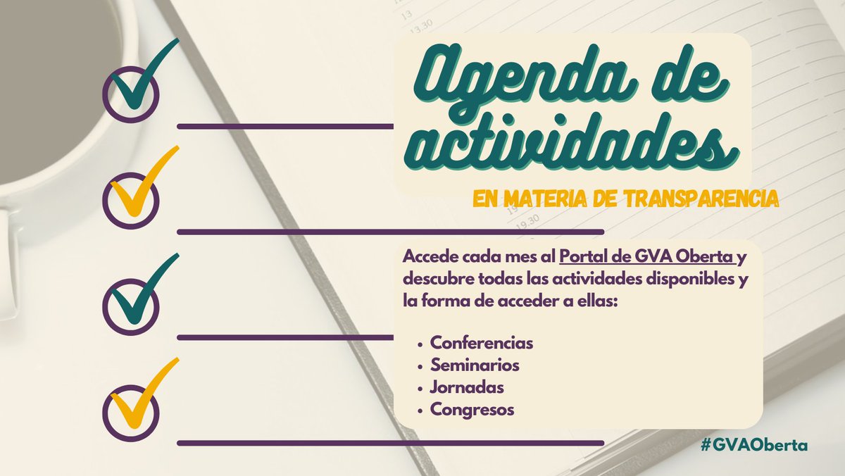 GVA Gobierno Abierto (@gvagovernobert) on Twitter photo 🤔¿Conoces la Agenda de Transparencia del portal #GVAOberta de la <a href="/generalitat/">Generalitat</a>?
🗓️Entra y accede al calendario de conferencias, seminarios, congresos y jornadas que se celebran en la Comunitat Valenciana
👉gvaoberta.gva.es/es/agenda-acti………
#AgendaTransparencia 🤔¿Conoces la Agenda de Transparencia del portal #GVAOberta de la <a href="/generalitat/">Generalitat</a>?
🗓️Entra y accede al calendario de conferencias, seminarios, congresos y jornadas que se celebran en la Comunitat Valenciana
👉gvaoberta.gva.es/es/agenda-acti………
#AgendaTransparencia