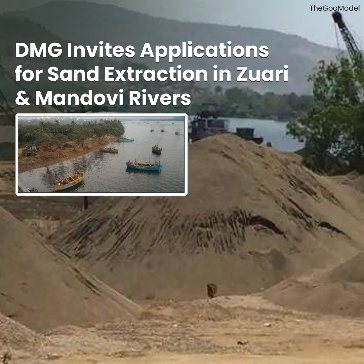 The_GoaModel's tweet photo. The Directorate of Mines & Geology invites online applications for sand extraction permits in Zuari & Mandovi Rivers. Local community members can apply within 30 days; permits require SEIAA clearance.
#TheGoaModel #GoaRivers #SandExtraction #DMGGoa #EnvironmentalClearance #Zuari https://t.co/fyTBhTrtu5