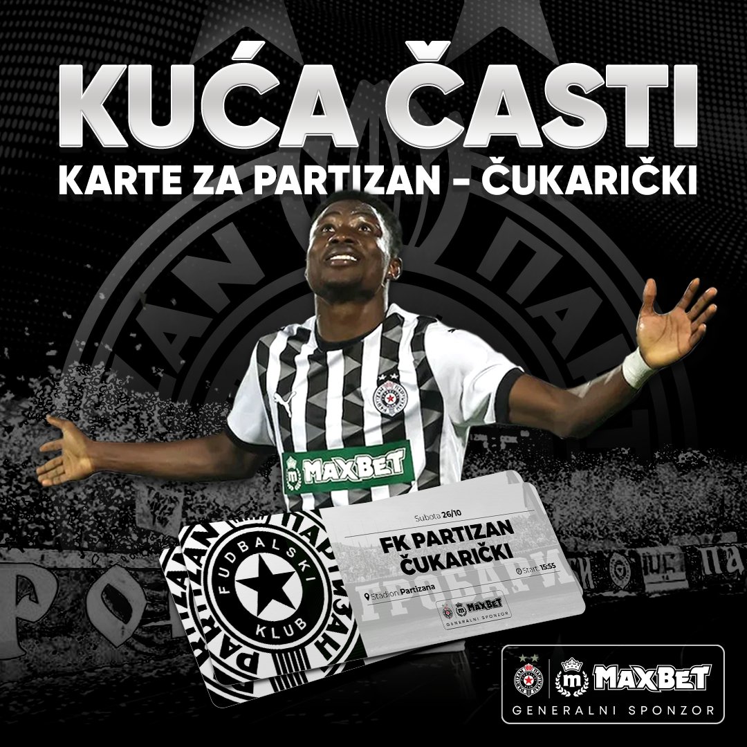 Kuća časti - budi uz Partizan protiv Čukaričkog! ⚫⚪

Crno-beli u dobroj formi dočekuju Čuku, a MaxBet kao generalni sponzor FK Partizan časti 20 karata za ovaj meč! 🎁

Sve što je potrebno da bi učestvovao u trci za karte jeste da: 

• Pratiš <a href="/MaxBetSrbija/">MaxBet 🇷🇸</a>
• Retvituješ objavu