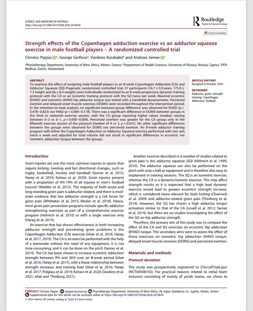 Paper’s out!!!!

📍No significant between-group differences in eccentric and isometric adductor torque!!
📍Does the total repetition number have to go higher???
📍The minimal effective dose for adductor torque increases following exercise is still to be determined!!!