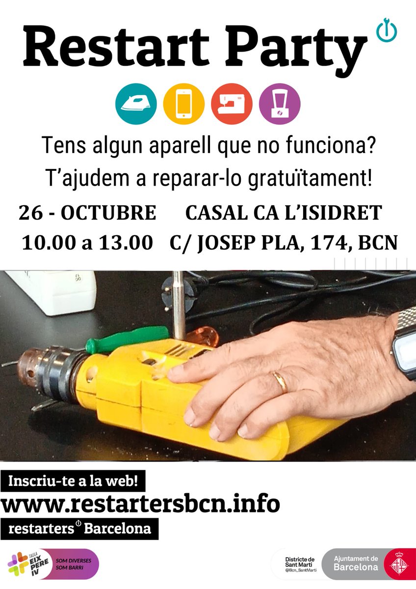 Ens veiem a la #restartparty aquest dissabte al <a href="/ccalisidret/">Casal Ca l'Isidret</a> ?!?!💪🏽🛠️📺🥳🥳🥳🥳🥳