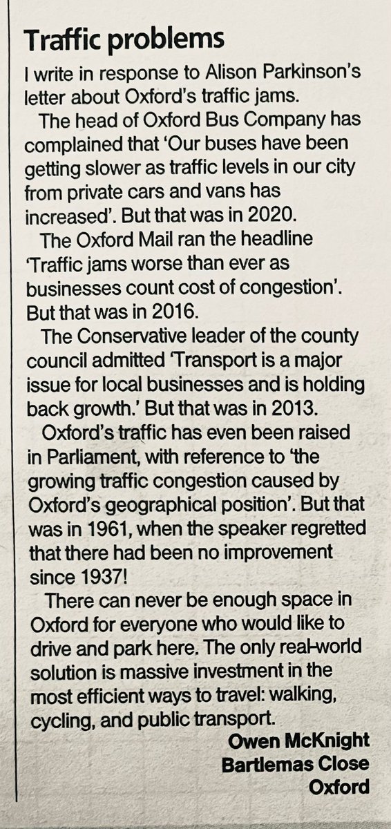 CoHSATOxon's tweet image. Oxford&apos;s traffic problem&apos;s are long-standing. They go back to 2020... 2016... 2013... 1961... 1937...
We will only reduce traffic problems with a credible plan to reduce traffic, and despite lots of rhetoric, there is currently only one plan proposed.