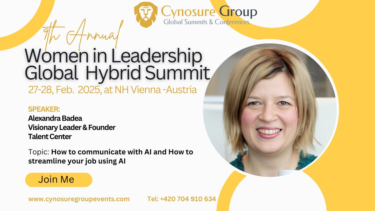We’re thrilled to introduce Alexandra Badea, Visionary Dreamer &amp; Founder at Talent Center International, as a Keynote Speaker at Women in Leadership Global Summit| 27-28 Feb. 2025. #Register now to secure your spot: cynosuregroupevents.cz/2024/07/16/9th… #Leadership  #Leaders #womeninleadership